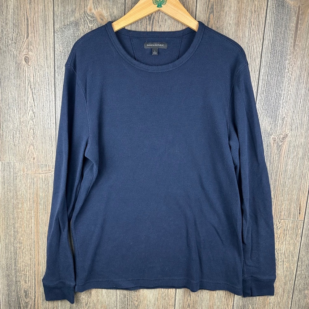 Banana Republic Mens Waffle Crew Neck Shirt Navy Blue Long Sleeve Large